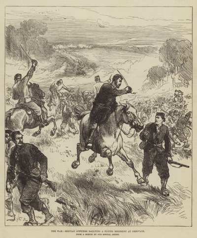 La guerra, oficiales serbios reuniendo un regimiento en fuga en Greovatz de Sir John Charles Robinson
